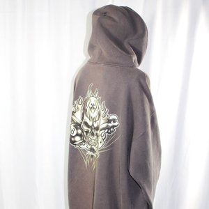 Bullhead Skull Accents Faded Gray Grunge Style Pullover Sweatshirt Hoodie, XL